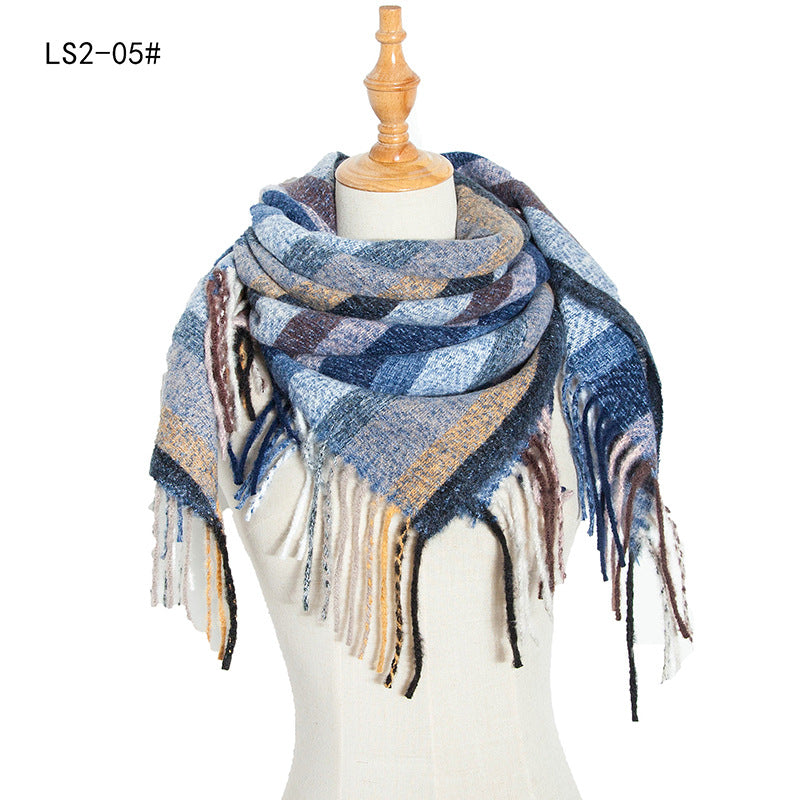 Women's Polyester Wool Long Tassel Plaid Square Scarfs