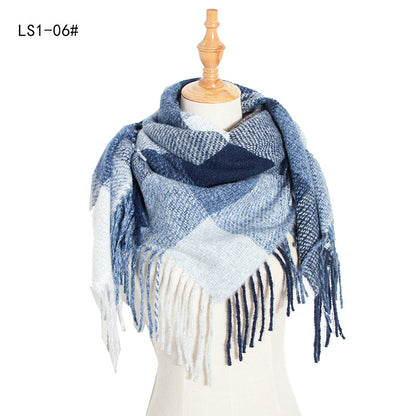 Women's Polyester Wool Long Tassel Plaid Square Scarfs