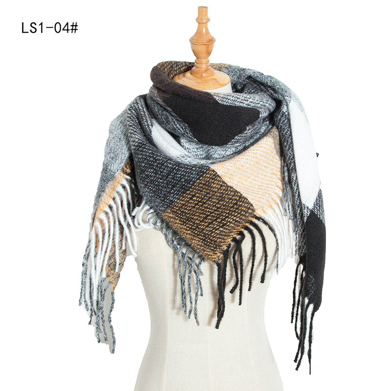 Women's Polyester Wool Long Tassel Plaid Square Scarfs