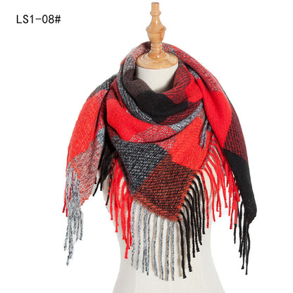 Women's Polyester Wool Long Tassel Plaid Square Scarfs