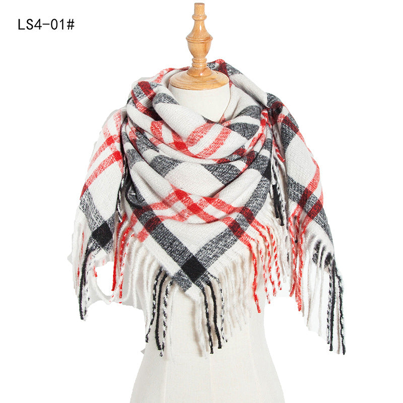 Women's Polyester Wool Long Tassel Plaid Square Scarfs