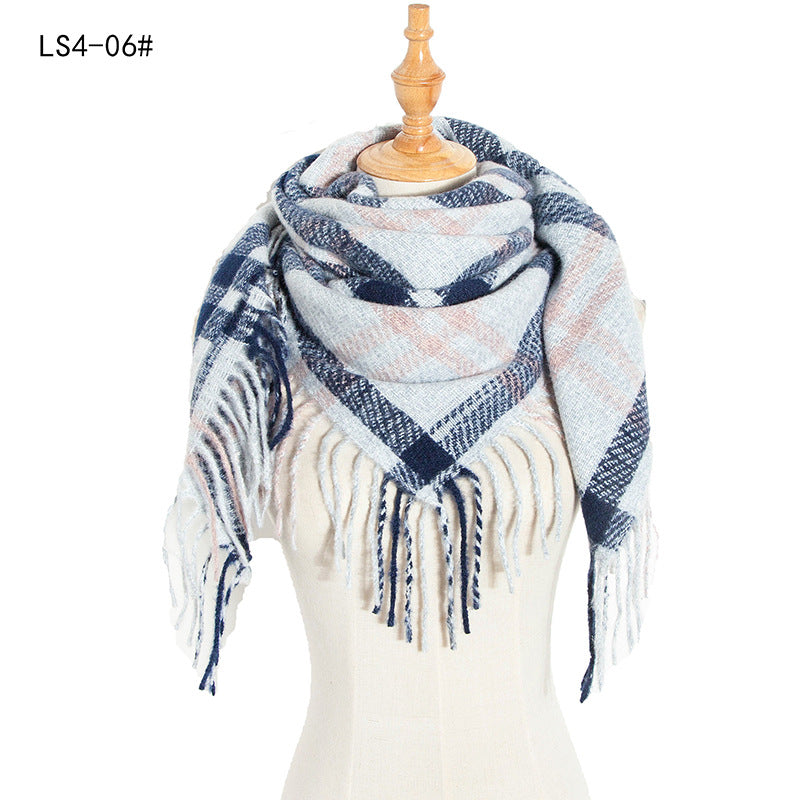 Women's Polyester Wool Long Tassel Plaid Square Scarfs