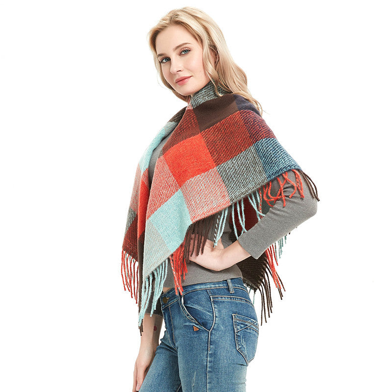 Women's Polyester Wool Long Tassel Plaid Square Scarfs