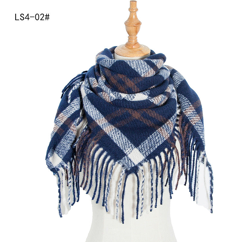 Women's Polyester Wool Long Tassel Plaid Square Scarfs