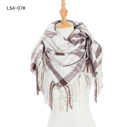 Women's Polyester Wool Long Tassel Plaid Square Scarfs