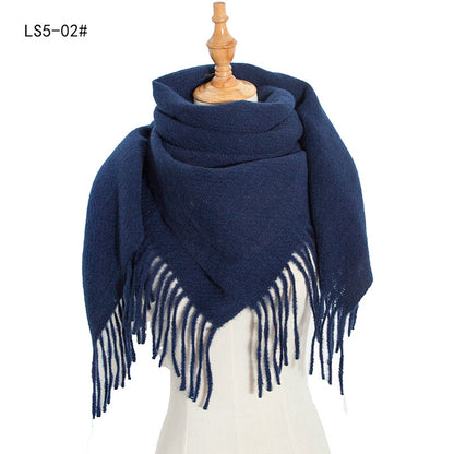 Women's Polyester Wool Long Tassel Plaid Square Scarfs