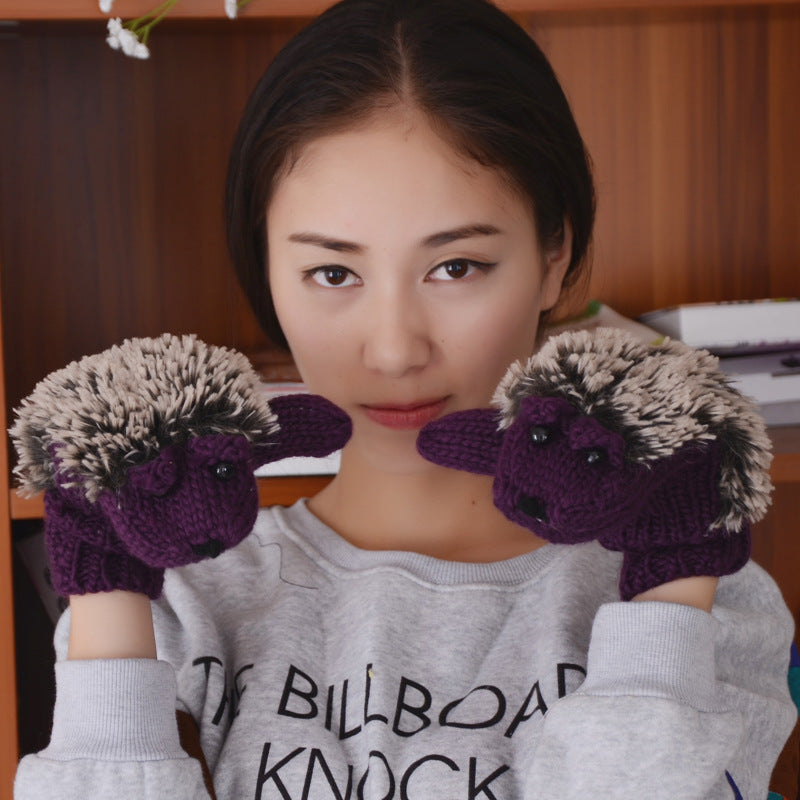 Full Finger Cartoon Hedgehog Winter Female Gloves