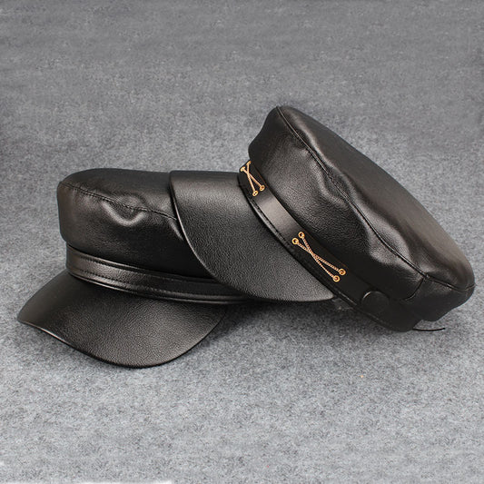 Women's Korean Fashion Leather Flat-top Peaked Beret Hats & Caps