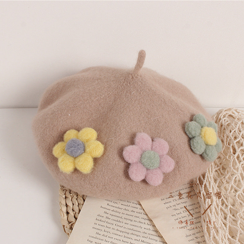 Children's Sweet Three-color Flower Beret Travel Wool Kids' Headwear