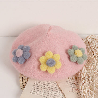 Children's Sweet Three-color Flower Beret Travel Wool Kids' Headwear