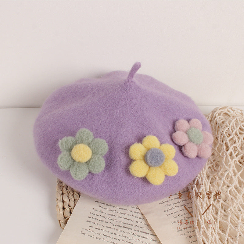 Children's Sweet Three-color Flower Beret Travel Wool Kids' Headwear