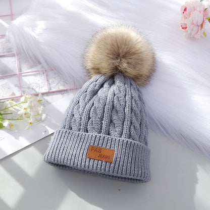 Boys Labeling Woolen Knitted Fluffy Ball Kids' Headwear