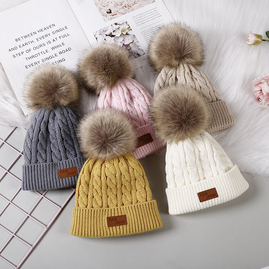 Boys Labeling Woolen Knitted Fluffy Ball Kids' Headwear