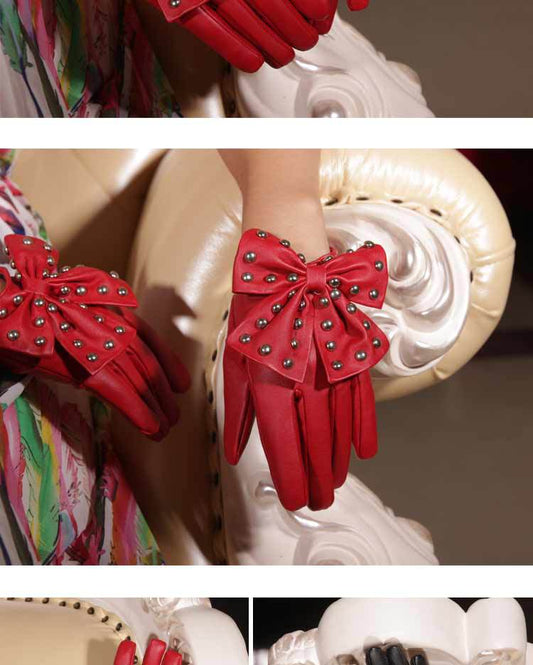 Women's Winter Bowknot Fashion Dance Performance Leather Hip Gloves