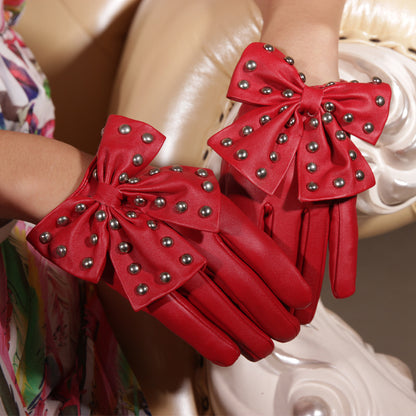 Women's Winter Bowknot Fashion Dance Performance Leather Hip Gloves