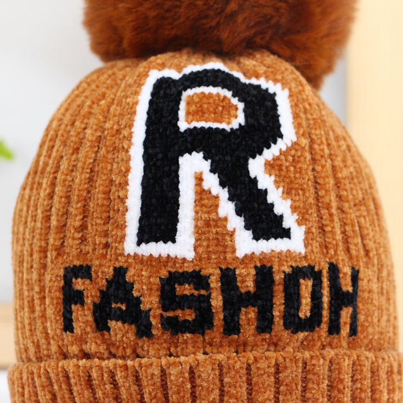 Children's Letter Fur Ball Knitted Boys Curling Kids' Headwear