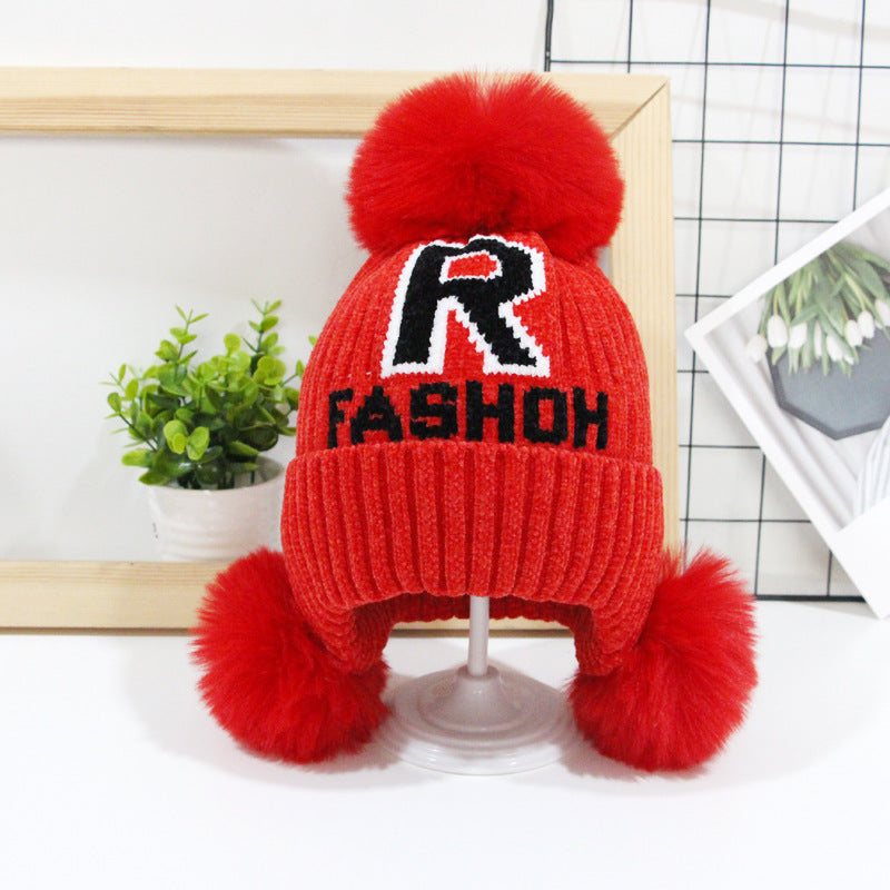 Children's Letter Fur Ball Knitted Boys Curling Kids' Headwear