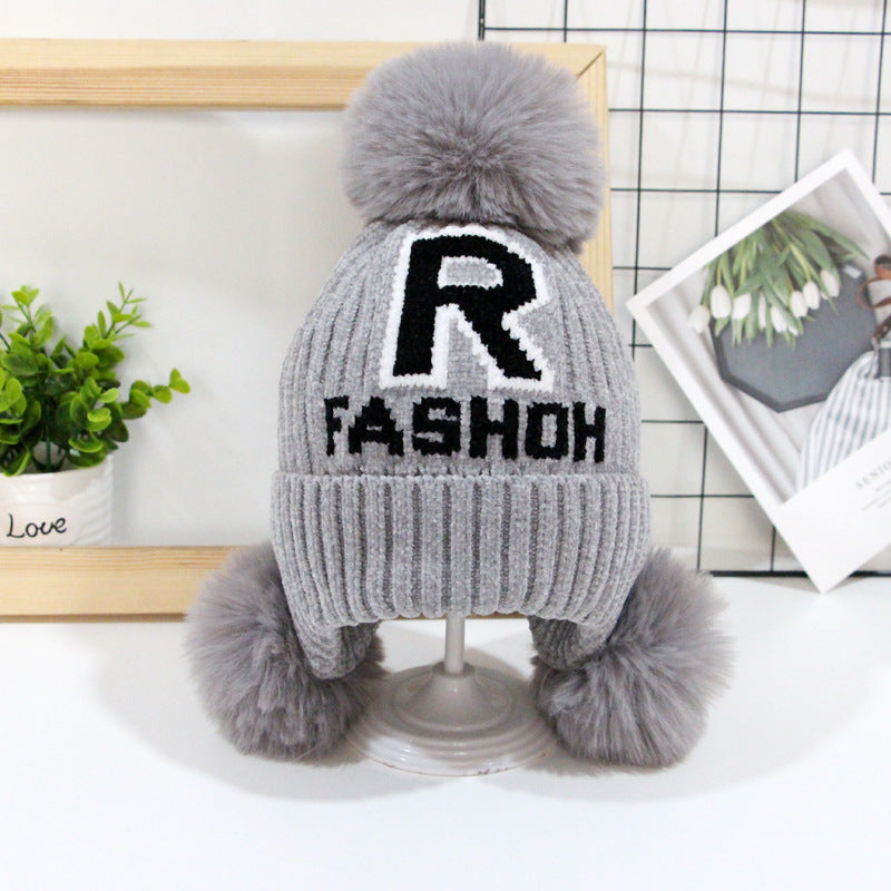 Children's Letter Fur Ball Knitted Boys Curling Kids' Headwear