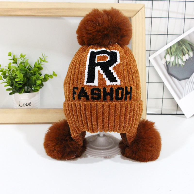 Children's Letter Fur Ball Knitted Boys Curling Kids' Headwear