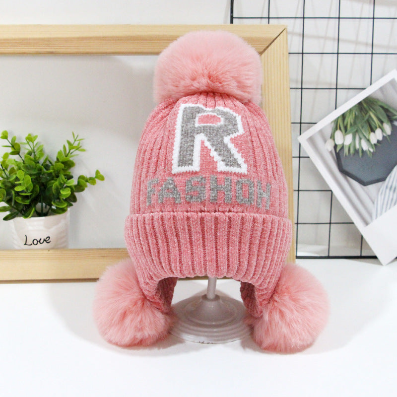 Children's Letter Fur Ball Knitted Boys Curling Kids' Headwear