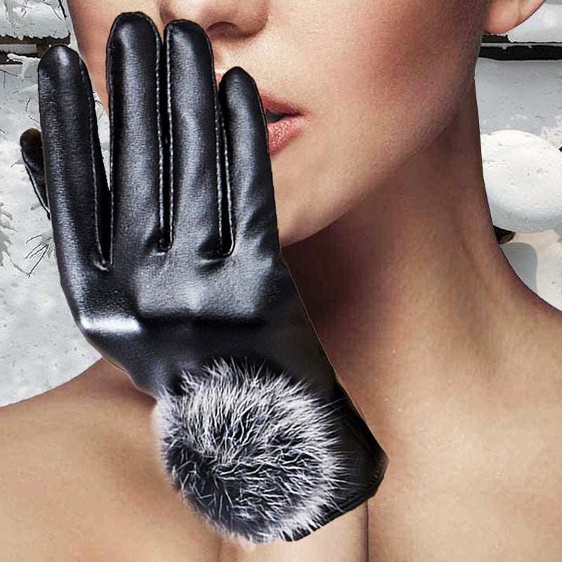 Women's Winter Rabbit Hair Ball Design Fashionable Warm Gloves