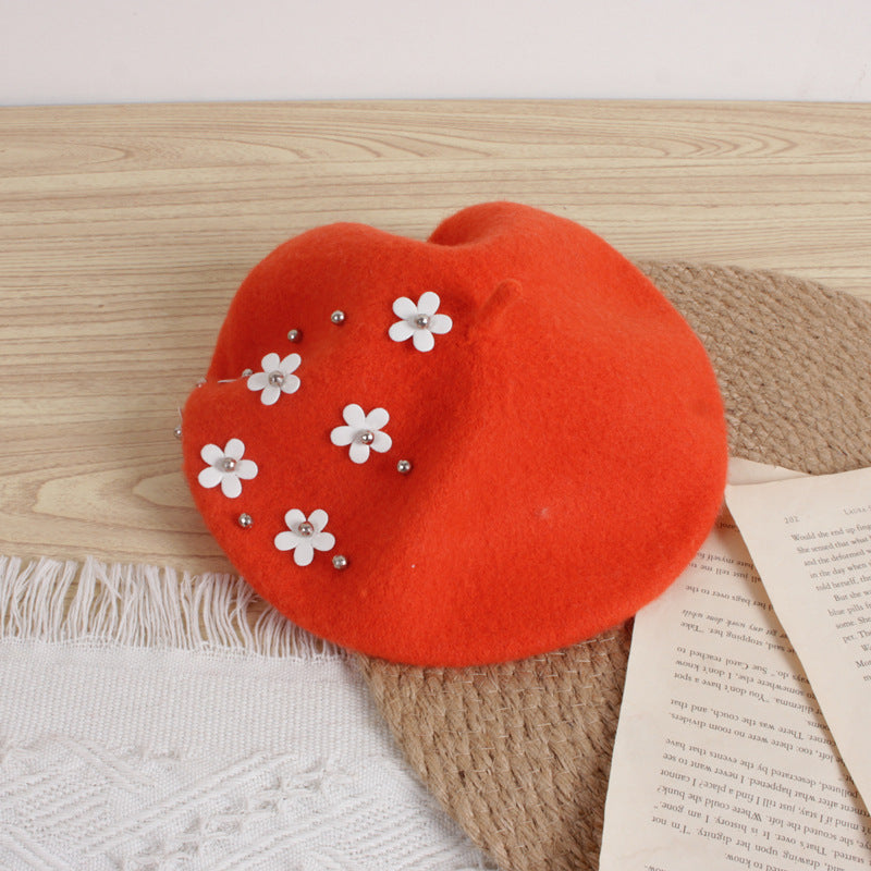 Children's Flower Wool Beret Cute Painter Keep Kids' Headwear