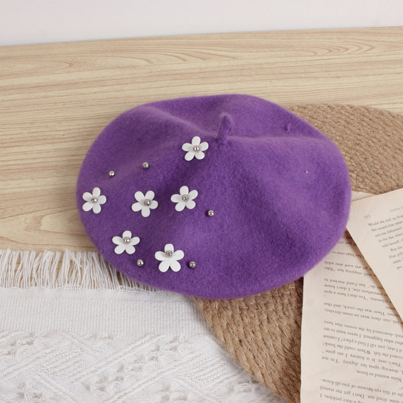 Children's Flower Wool Beret Cute Painter Keep Kids' Headwear