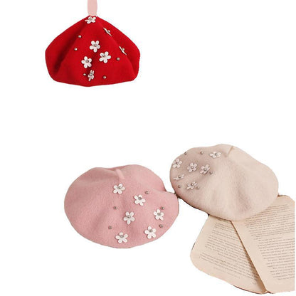 Children's Flower Wool Beret Cute Painter Keep Kids' Headwear