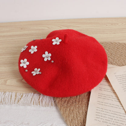 Children's Flower Wool Beret Cute Painter Keep Kids' Headwear