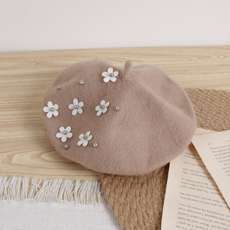 Children's Flower Wool Beret Cute Painter Keep Kids' Headwear