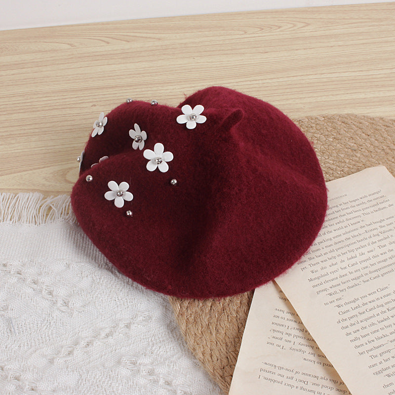 Children's Flower Wool Beret Cute Painter Keep Kids' Headwear