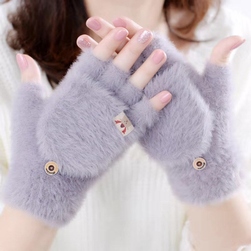 Plush Flip Half Finger Winter Thermal Gloves