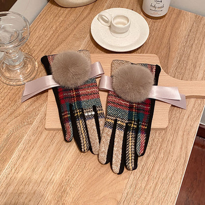 Order Wool Plaid Imitation Fox Fur Ball Fleece-lined Thickened Gloves