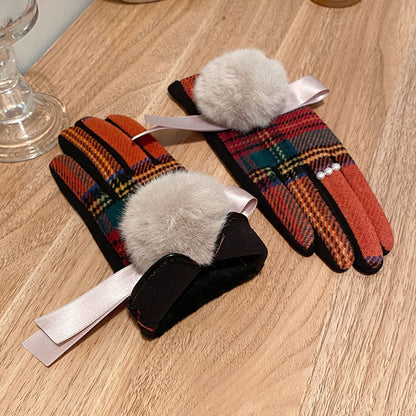 Order Wool Plaid Imitation Fox Fur Ball Fleece-lined Thickened Gloves