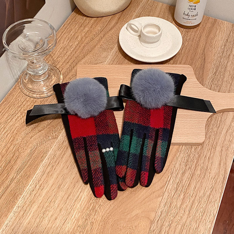 Order Wool Plaid Imitation Fox Fur Ball Fleece-lined Thickened Gloves