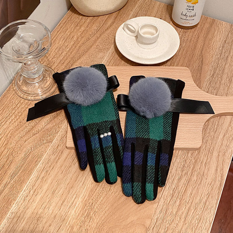 Order Wool Plaid Imitation Fox Fur Ball Fleece-lined Thickened Gloves