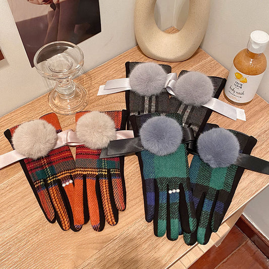 Order Wool Plaid Imitation Fox Fur Ball Fleece-lined Thickened Gloves