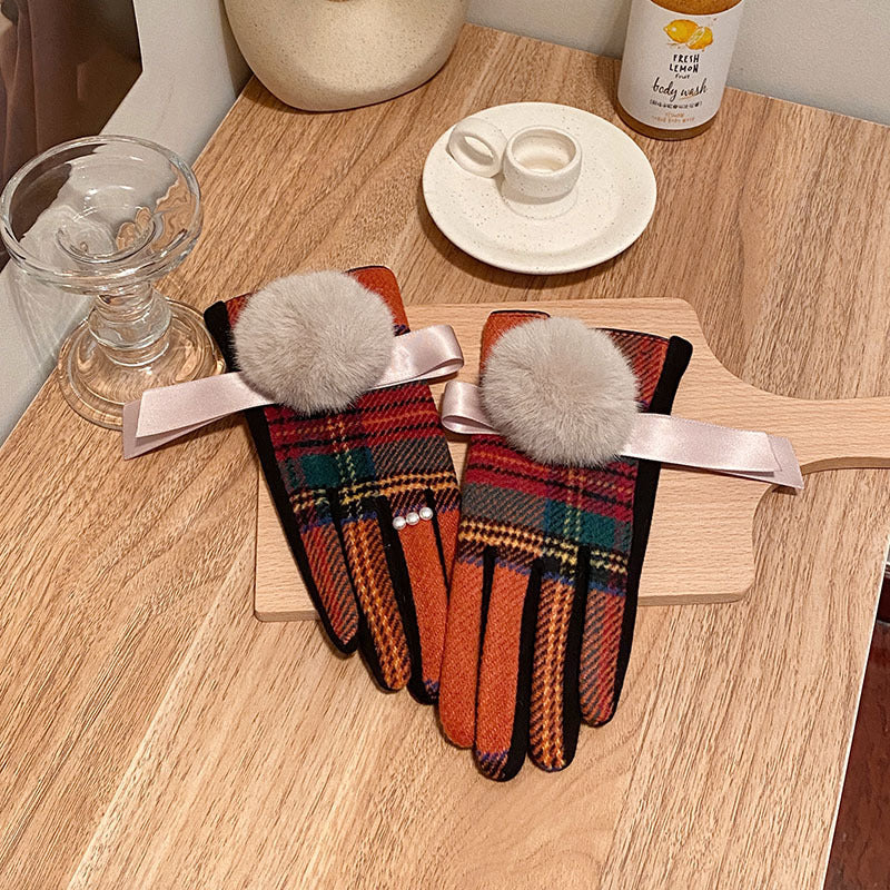 Order Wool Plaid Imitation Fox Fur Ball Fleece-lined Thickened Gloves