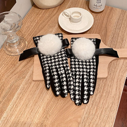 Order Wool Plaid Imitation Fox Fur Ball Fleece-lined Thickened Gloves