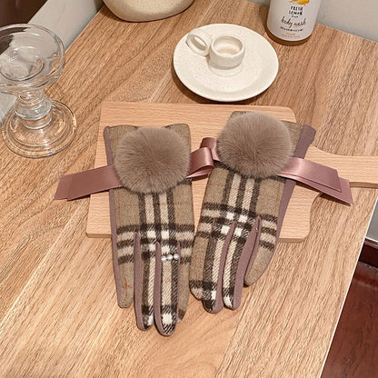 Order Wool Plaid Imitation Fox Fur Ball Fleece-lined Thickened Gloves