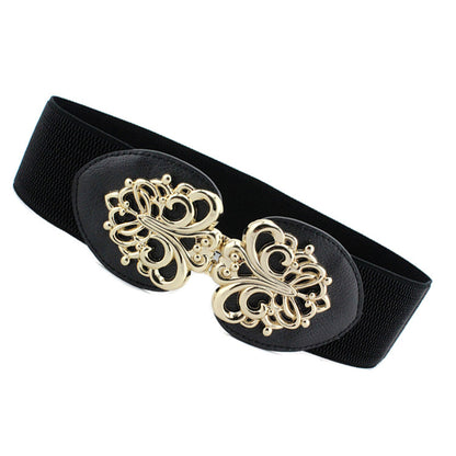 Women's Seal Pattern Pair Of Buckles Elastic Waistband Belts