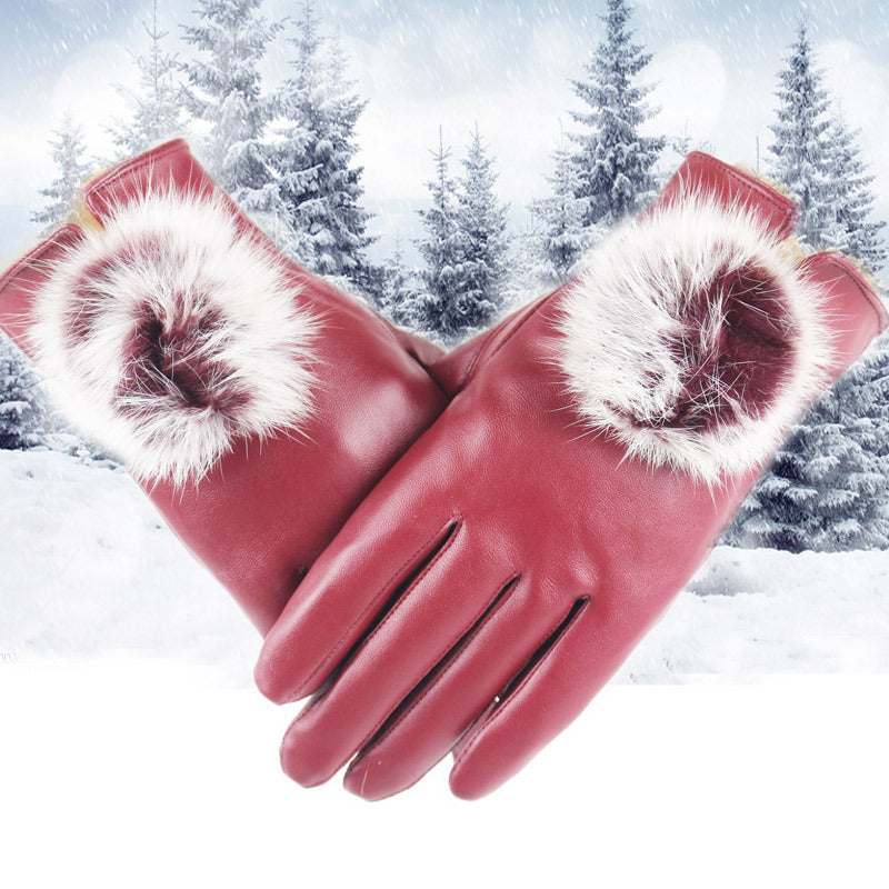 Women's Winter Rabbit Hair Ball Design Fashionable Warm Gloves