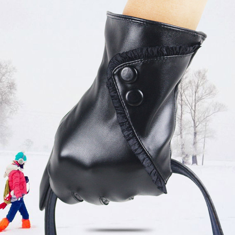 Women's Touch Screen Leather Fleece-lined Warm Korean Fashion 2 Gloves