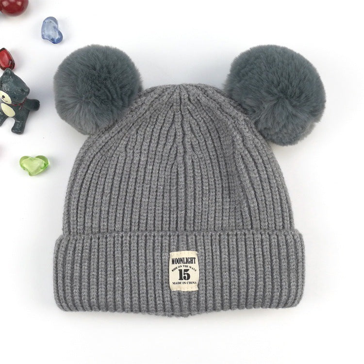 Children's Cartoon Double Ball Knitted Autumn Hat Kids' Headwear