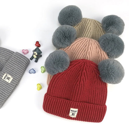 Children's Cartoon Double Ball Knitted Autumn Hat Kids' Headwear