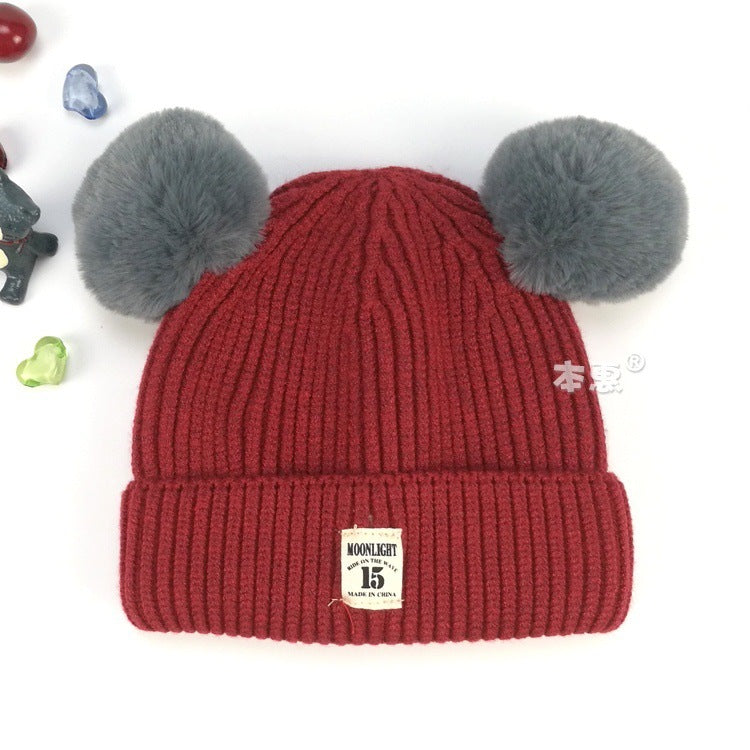 Children's Cartoon Double Ball Knitted Autumn Hat Kids' Headwear