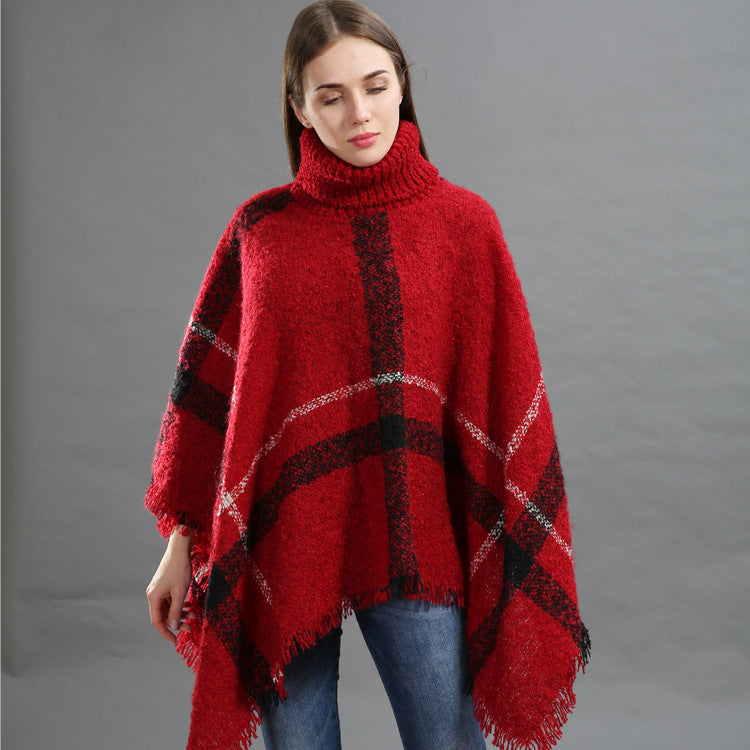 Women's Size Loose Shawl Cloak Turtleneck Plaid Warm Scarfs