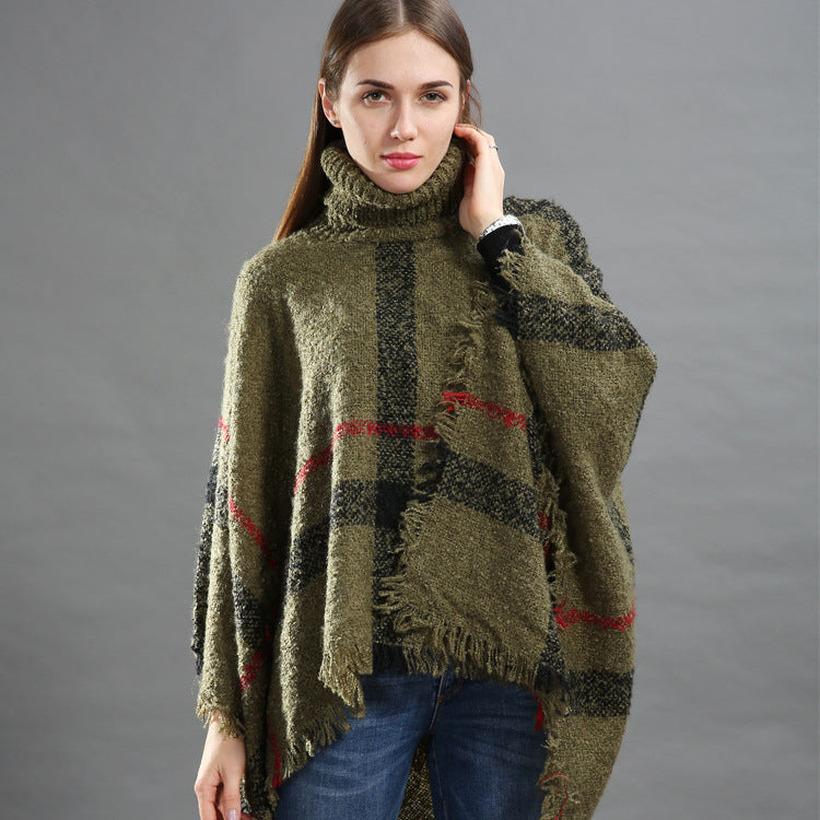 Women's Size Loose Shawl Cloak Turtleneck Plaid Warm Scarfs