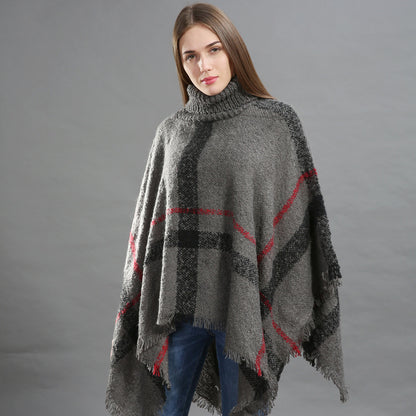 Women's Size Loose Shawl Cloak Turtleneck Plaid Warm Scarfs