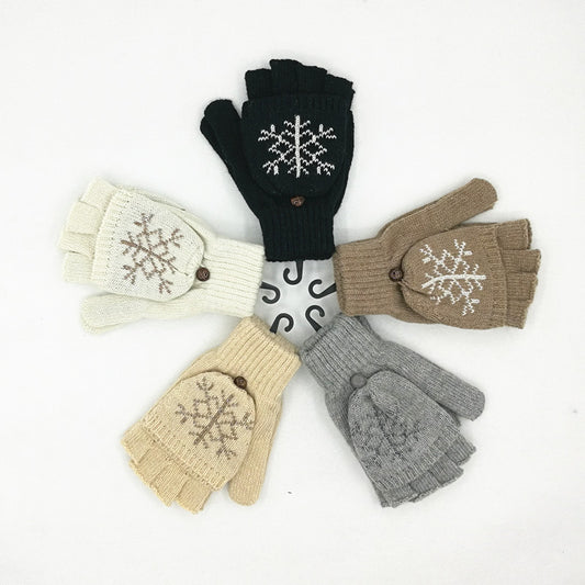 Women's & Men's Wool Snowflake Flip Warm Half Finger Gloves